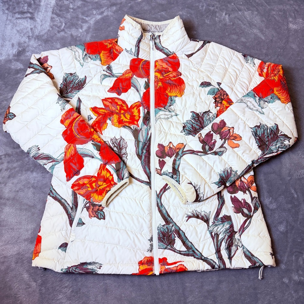 Columbia Omni-Heat Puffer Jacket Womens XL White Red Floral Quilted Full Zip
